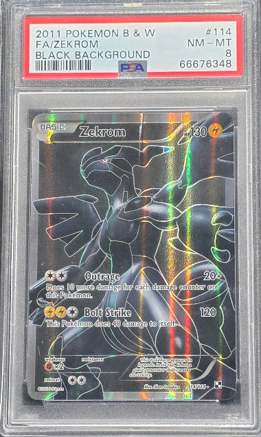 PSA 8 - ZEKROM #114 FULL ART - 2011 POKEMON BLACK & WHITE - BLACK BACKGROUND GRADED CARD