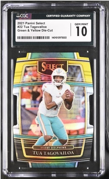 CGC 10 - Tua Tagovailoa #22 NFL Panini 2021 Select Green & Yellow Die-Cut Graded Card