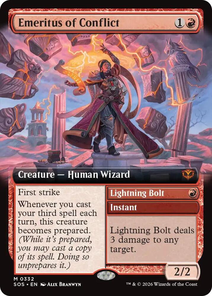 Emeritus of Conflict // Lightning Bolt 332 (Secrets of Strixhaven) - Extended Art