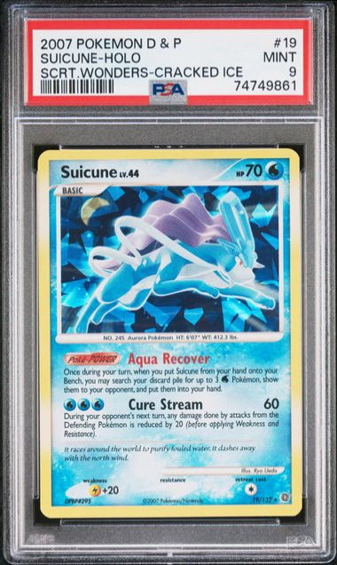 PSA 9 - SUICUNE #19 - 2007 POKEMON DIAMOND & PEARL SECRET WONDERS -CRACKED ICE HOLO GRADED CARD