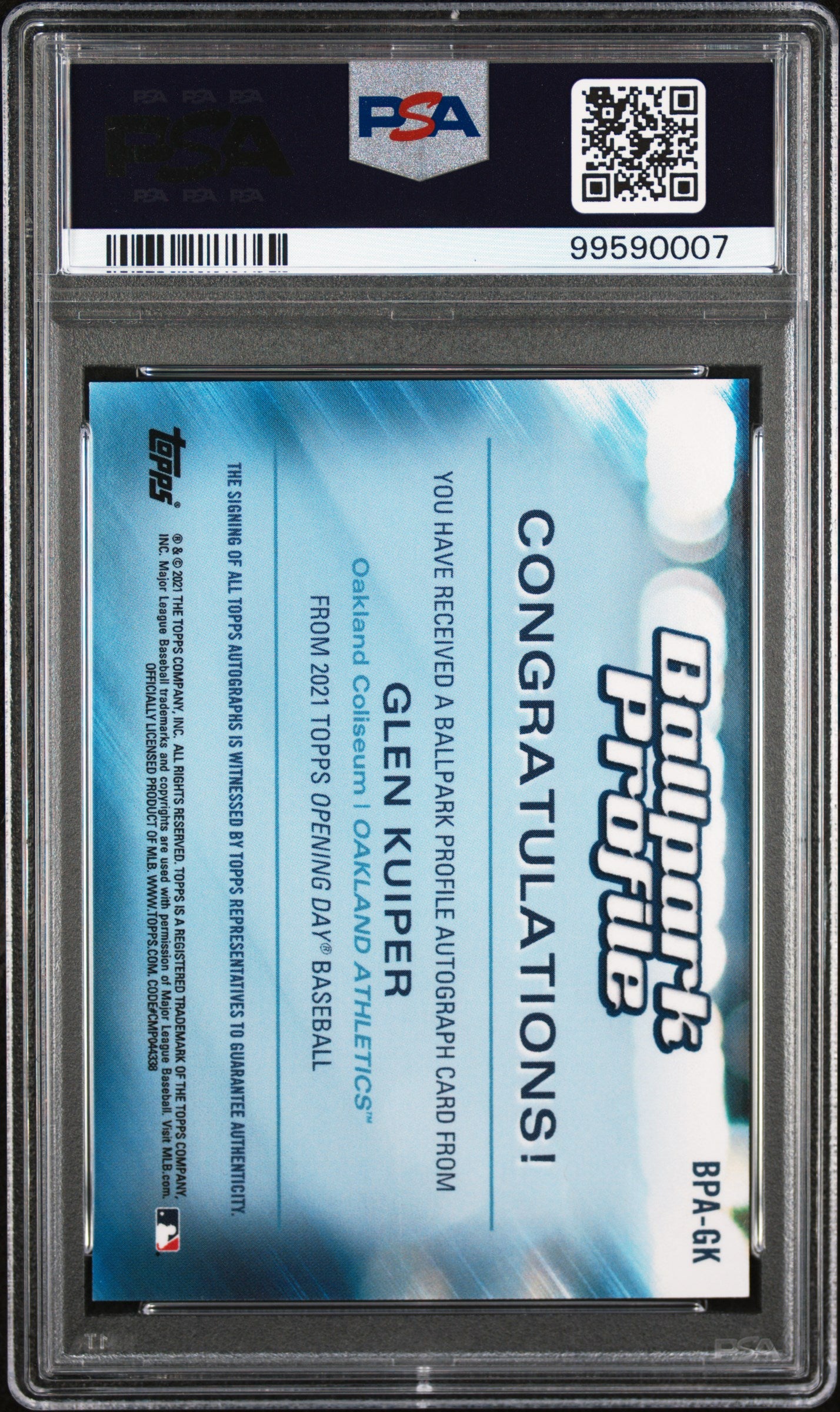 PSA 9 - 2021 TOPPS BASEBALL OPENING DAY BALLPARK PROFILE AUTOGRAPHS #GK GLEN KUIPER BALLPARK PROFILE AUTO. GRADED SPORTS CARD