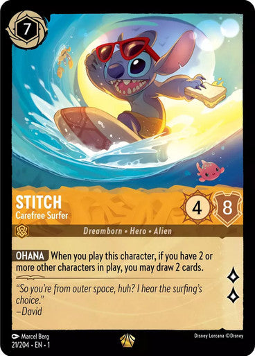 21/204 Stitch - Carefree Surfer - Disney Lorcana First Chapter - Common & Cold Foil Card