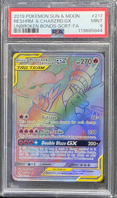 PSA 9 - RESHIRAM & CHARIZARD GX #217 SECRET FULL ART - 2019 POKEMON SUN & MOON - UNBROKEN BONDS GRADED CARD