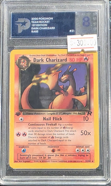 PSG 8 - DARK CHARIZARD RARE #21 - 2000 POKEMON TEAM ROCKET 1ST EDITION GRADED CARD