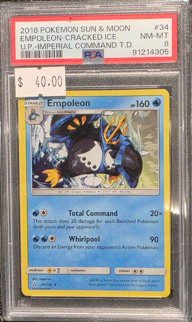 PSA 8- EMPOLEON #34- CRACKED ICE HOLO - 2018 POKEMON SUN & MOON - ULTRA PRISM- GRADED CARD