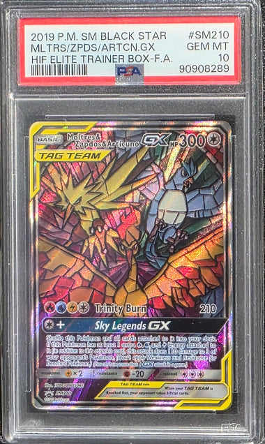 PSA 10 - MOLTRES & ZAPDOS & ARTICUNO GX #SM210 FULL ART- 2019 POKEMON SUN & MOON HIDDEN FATES- BLACK STAR PROMO GRADED CARD