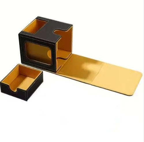 Trading Card Deck Storage Case PU Leather Single Window Deck Box - Accessories Drawer Black/Yellow Lining