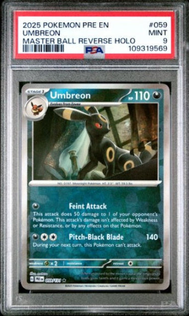 PSA 9- #059 POKEMON UMBREON- 2025 PRISMATIC EVOLUTIONS- MASTERBALL REVERSE HOLO