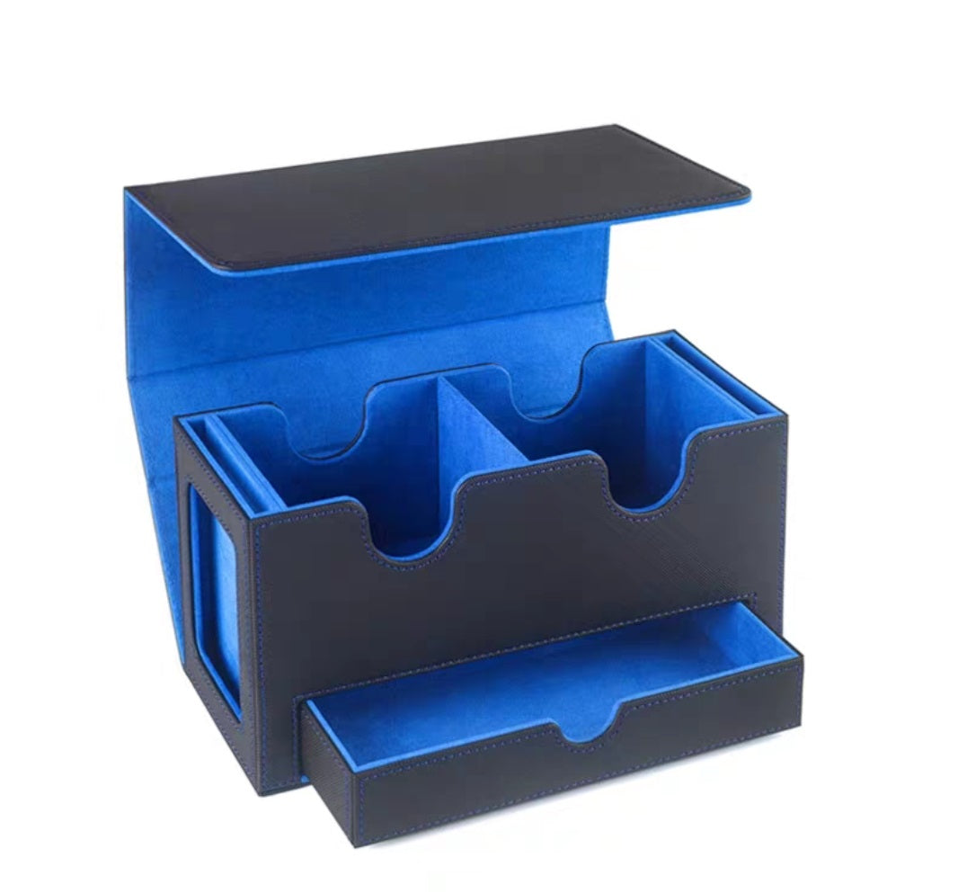 Double-Window View Trading Card Double SideWinder Deck Magnetic Storage Case Holder Dice Coin Tray - Black/Beige Lining - Flip-Top Deck Box