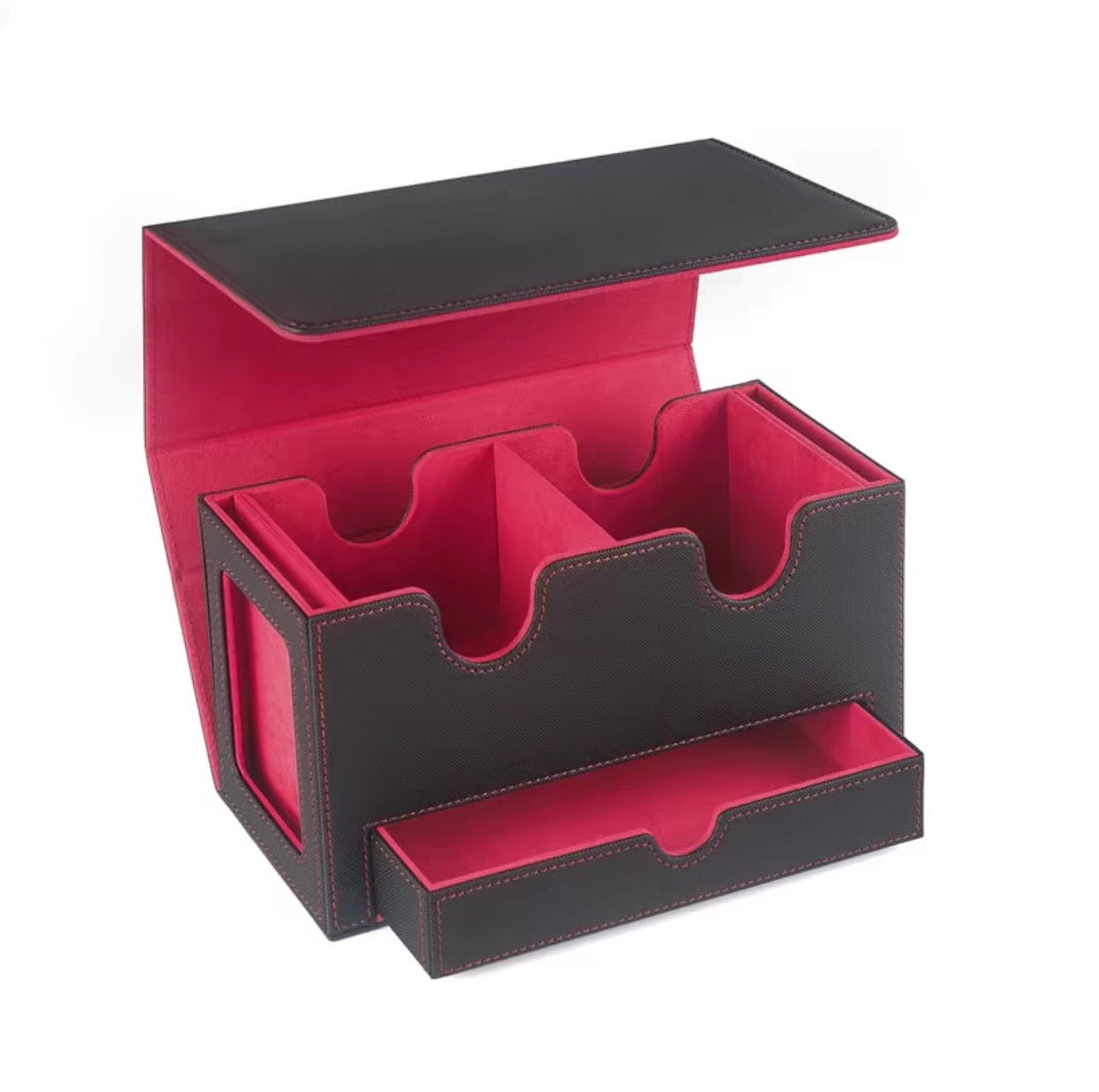 Double-Window View Trading Card Double SideWinder Deck Magnetic Storage Case Holder Dice Coin Tray - Black/Beige Lining - Flip-Top Deck Box