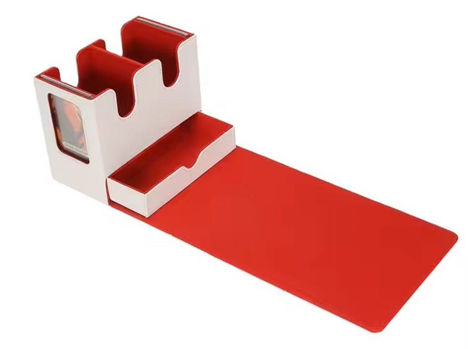 Double-Window View Trading Card Double TopLoading Deck Magnetic Storage Case Holder Dice Coin Tray - White/Red Lining - Flip-Top Deck Box