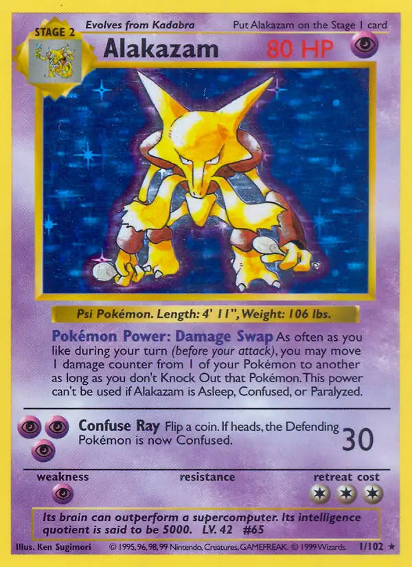 Alakazam 001/102 (Base Set (Shadowless))  - Unlimited Holofoil