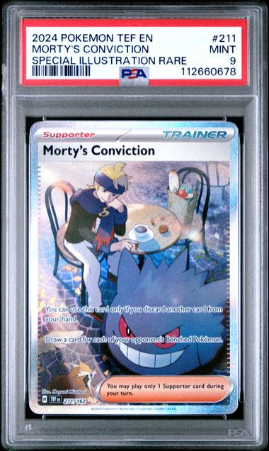 PSA 9 - MORTY'S CONVICTION #211 - 2024 POKEMON SCARLET & VIOLET TEMPORAL FORCES - SPECIAL ILLUSTRAION RARE GRADED CARD