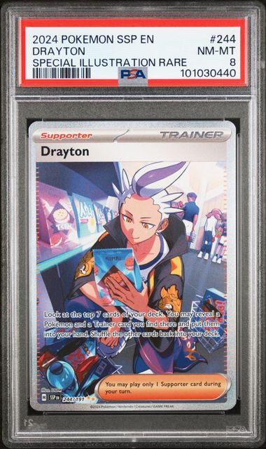 PSA 8 - DRAYTON #244 - 2024 POKEMON SURGING SPARKS - SPECIAL ILLUSTRATION RARE GRADED CARD