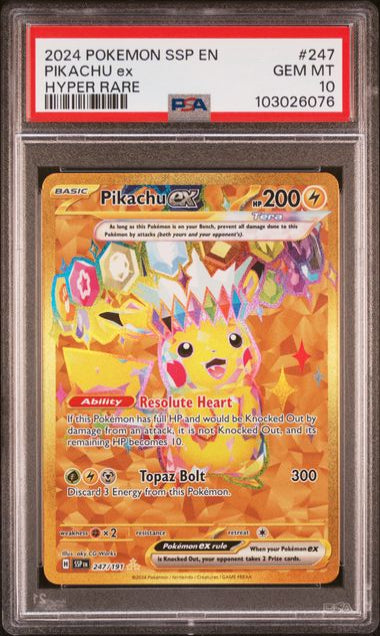 PSA 10 - PIKACHU EX #247 - 2024 POKEMON SCARLET & VIOLET SURGING SPARKS - HYPER RARE GRADED CARD