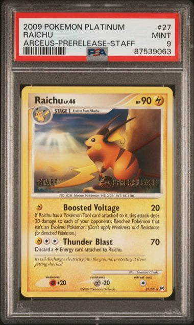 PSA 9 - RAICHU #27/99 - STAFF PRE-RELEASE - 2009 POKEMON PLATINUM ARCEUS GRADED CARD