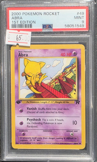 PSA 9- ABRA #49- 2000 POKEMON 1ST EDITION - TEAM ROCKET - GRADED CARD