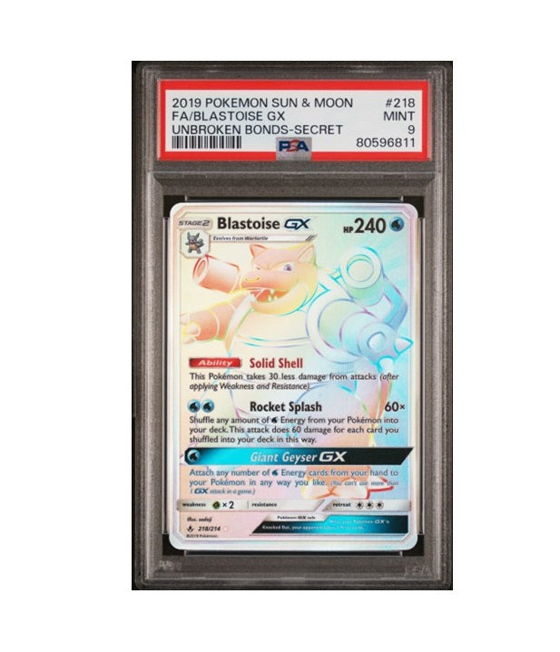 PSA 9 - 2019 POKEMON BLASTOISE GX #218 - SECRET RARE FULL ART S&M UNBROKEN BONDS