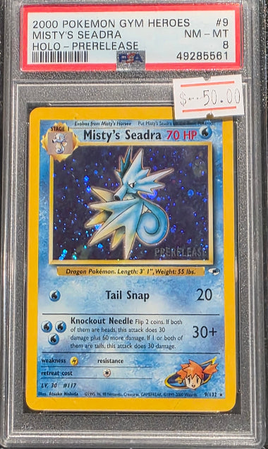PSA 8 - MISTY'S SEADRA #9 HOLO PRERELEASE - 2000 POKEMON GYM HEROES GRADED CARD