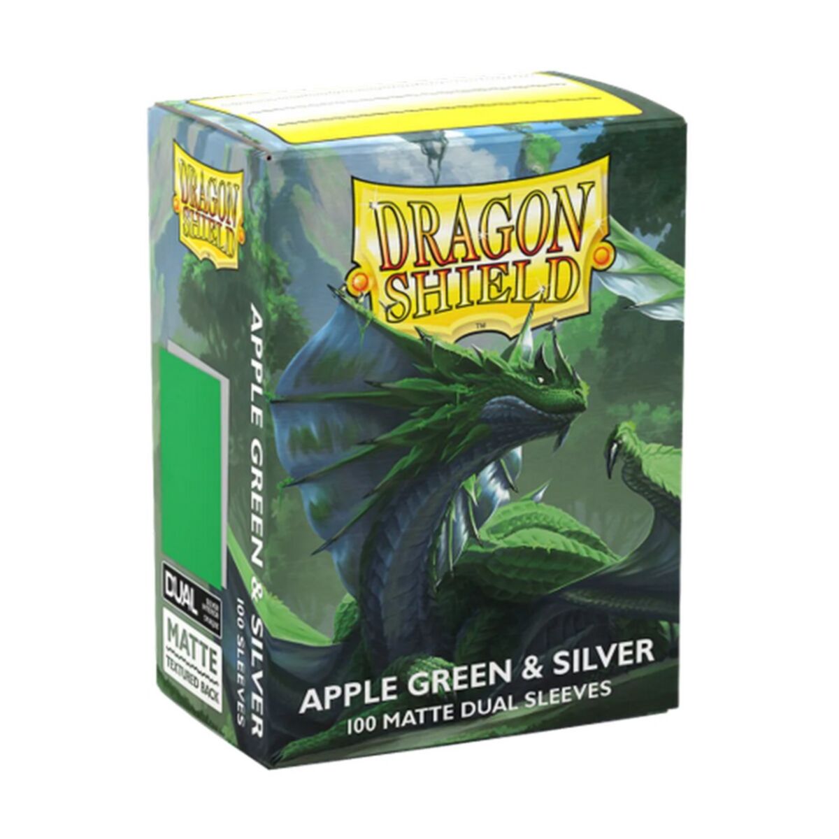 DRAGON SHIELD: BOXED 100 CARD GAMING SLEEVES - MATTE - DUAL - APPLE GREEN & SILVER