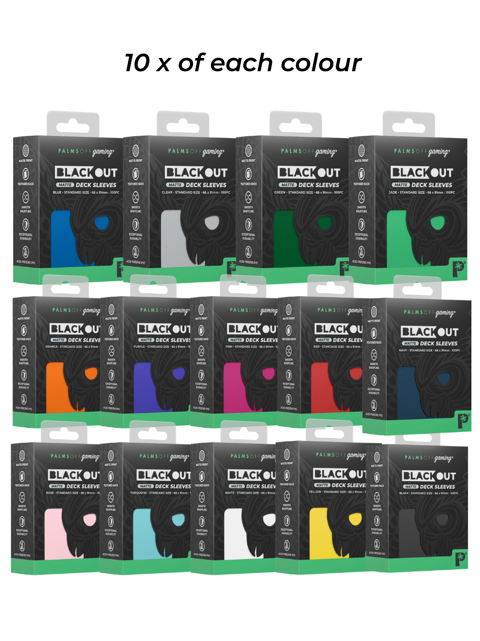 BLACKOUT STANDARD GAMING DECK SLEEVES - MATTE - 100PC - ASSORTED COLOURS - PALMS OFF GAMING