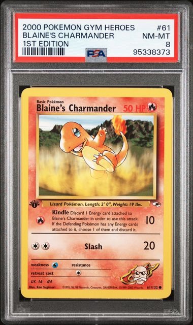 PSA 8 - 1ST EDITION BLAINE'S CHARMANDER #61 /132 - 2000 POKEMON GYM HEROES GRADED CARD