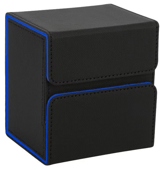Trading Card Deck Storage Case PU Leather Box - with Accessories Drawer Black with Blue Lining