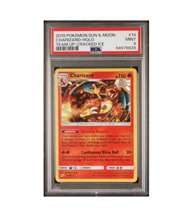 PSA 9 CHARIZARD #14 HOLO CRACKED ICE POKEMON SUN & MOON TEAM UP GRADED TCG CARD