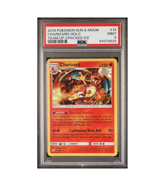 PSA 9 CHARIZARD #14 HOLO CRACKED ICE POKEMON SUN & MOON TEAM UP GRADED TCG CARD