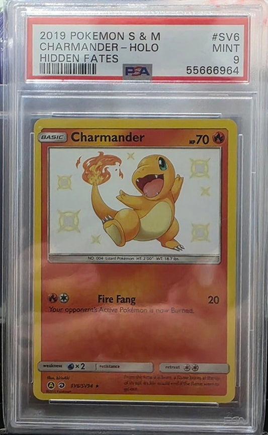 PSA 9 - CHARMANDER #SV6 - HOLO - 2019 SUN & MOON - HIDDEN FATES GRADED POKEMON CARD