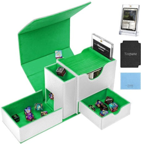Trading Card Deck Box, Dice Tray & Tower 2 in 1 Deck Box Fits 120+ Single Sleeved Cards, Leather Magnetic Closure Box with Magnetic Card Holders & Base- White/Green