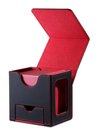 Trading Card Deck Storage Case PU Leather Single Window Deck Box - Accessories Drawer Black/Red Lining