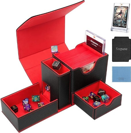 Trading Card Deck Box, Dice Tray & Tower 2 in 1 Deck Box Fits 120+ Single Sleeved Cards, Leather Magnetic Closure Box with Magnetic Card Holders & Base- Red/Black
