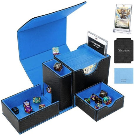 Trading Card Deck Box, Dice Tray & Tower 2 in 1 Deck Box Fits 120+ Single Sleeved Cards, Leather Magnetic Closure Box with Magnetic Card Holders & Base- Black/Blue