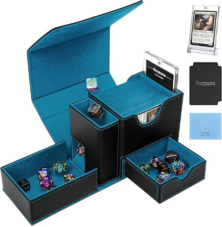 Trading Card Deck Box, Dice Tray & Tower 2 in 1 Deck Box Fits 120+ Single Sleeved Cards, Leather Magnetic Closure Box with Magnetic Card Holders & Base- Black/Teal