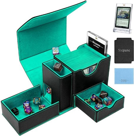 Trading Card Deck Box, Dice Tray & Tower 2 in 1 Deck Box Fits 120+ Single Sleeved Cards, Leather Magnetic Closure Box with Magnetic Card Holders & Base- Black/Green