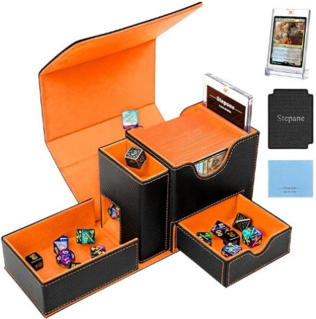 Trading Card Deck Box, Dice Tray & Tower 2 in 1 Deck Box Fits 120+ Single Sleeved Cards, Leather Magnetic Closure Box with Magnetic Card Holders & Base- Black/Orange