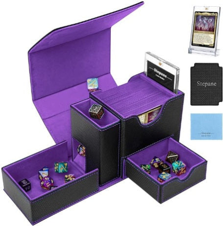 Trading Card Deck Box, Dice Tray & Tower 2 in 1 Deck Box Fits 120+ Single Sleeved Cards, Leather Magnetic Closure Box with Magnetic Card Holders & Base- Purple/Black