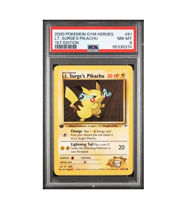 PSA 8 - 1ST EDITION LT. SURGE'S PIKACHU #81/132 POKEMON 2000 GYM HEROES GRADED CARD