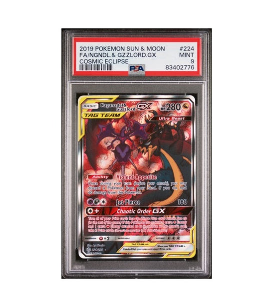 PSA 9 - NAGANADEL & GUZZLORD GX #224 - 2019 POKEMON FULL ART COSMIC ECLIPSE SUN & MOON