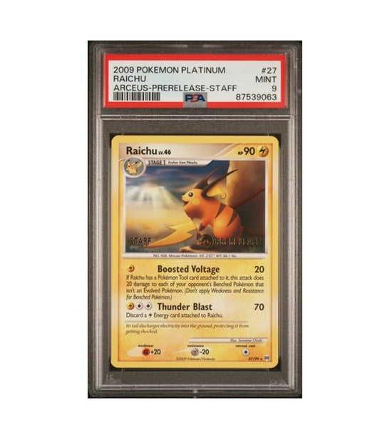 PSA 9 - RAICHU #27 PRERELEASE STAFF CARD - 2009 POKEMON PLATINUM ARCEUS GRADED CARD