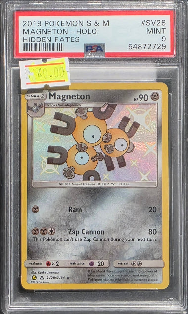 PSA 9 - MAGNETON #SV28 HOLO - 2019 SUN & MOON - HIDDEN FATES GRADED CARD