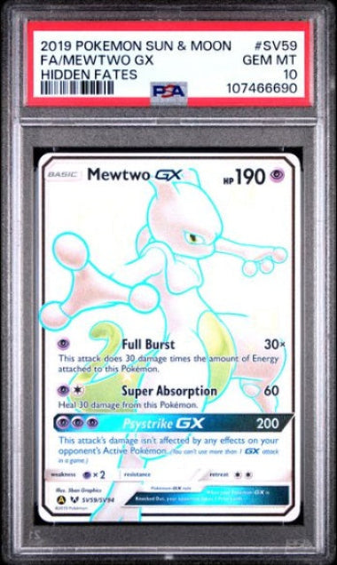 PSA 10 - MEWTWO GX #SV59 FULL ART - 2019 POKEMON SUN & MOON - HIDDEN FATES GRADED CARD