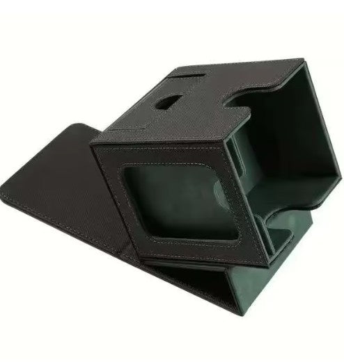 Trading Card Deck Storage Case PU Leather Single Window Deck Box - Accessories Drawer Black/Green Lining