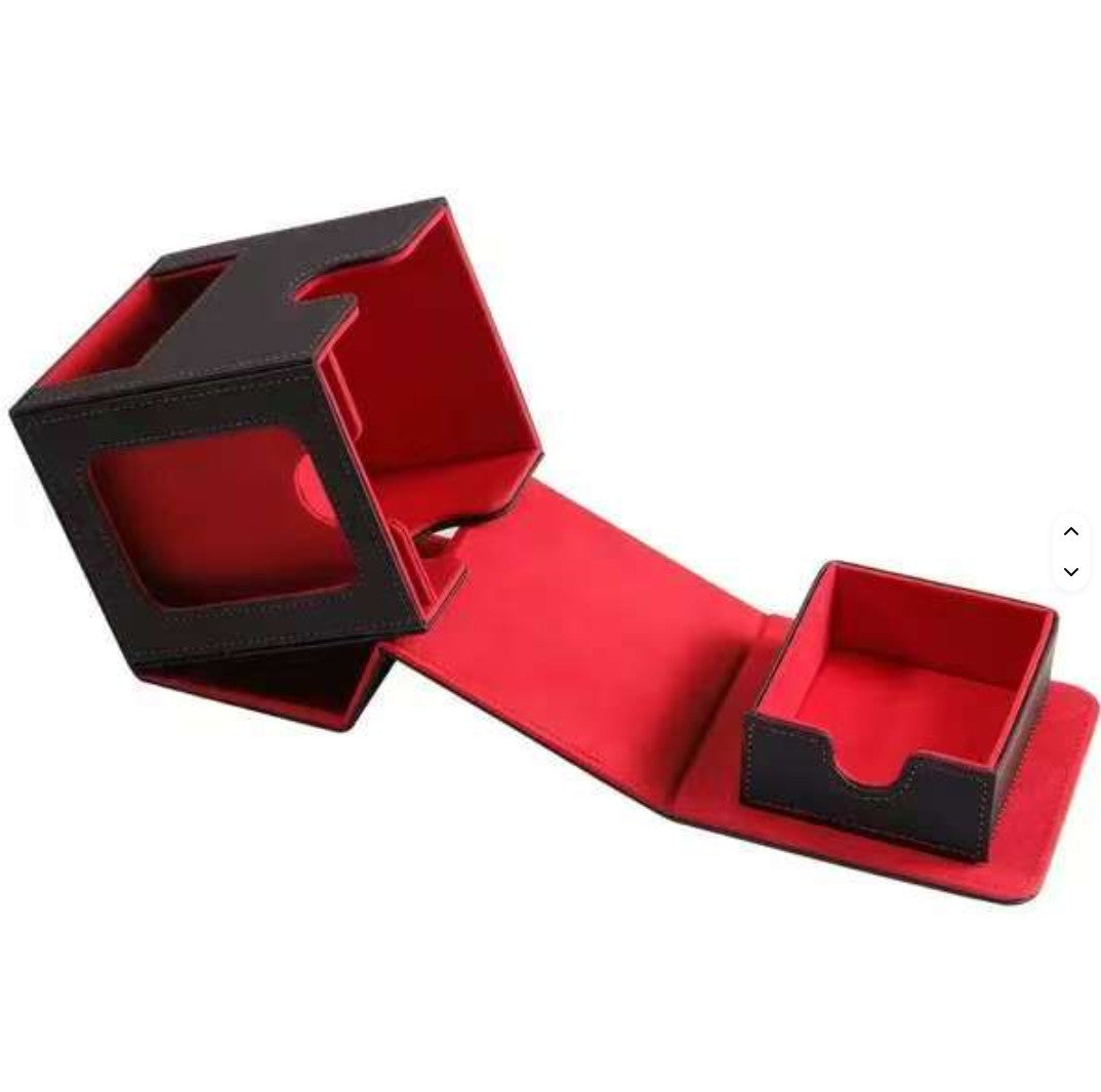 Trading Card Deck Storage Case PU Leather Single Window Deck Box - Accessories Drawer Black/Red Lining