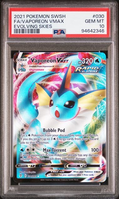 PSA 10 - VAPOREON VMAX #030/203 FULL ART - 2021 POKEMON SWSH EVOLVING SKIES GRADED CARD