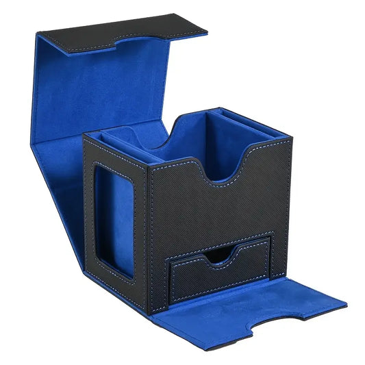 Trading Card Deck Storage Case PU Leather Deck Box - Accessories Drawer Black Blue Lining