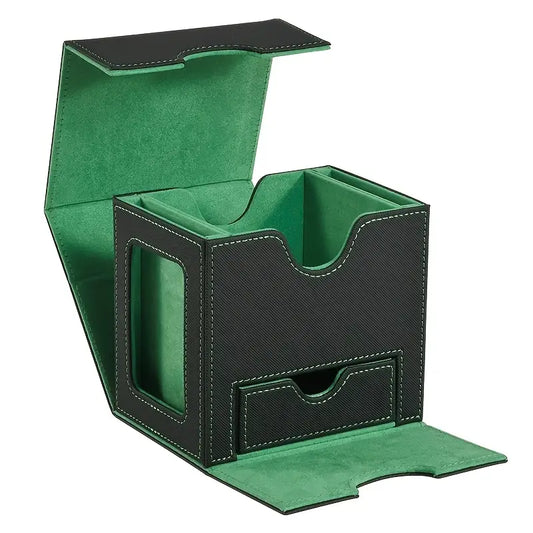 Trading Card Deck Storage Case PU Leather Deck Box - Accessories Drawer Black Green Lining