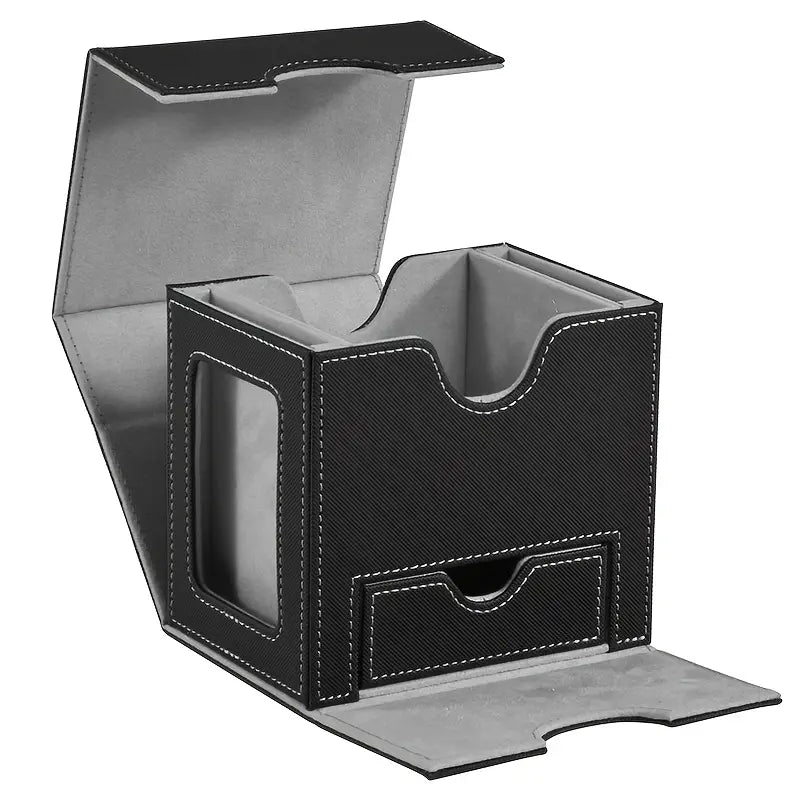Trading Card Deck Storage Case PU Leather Box - with Accessories Drawer Black with Grey Lining