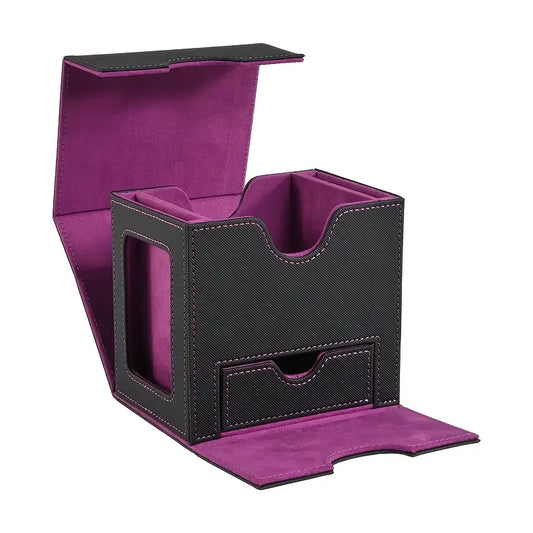 Trading Card Deck Storage Case PU Leather Deck Box - Accessories Drawer Black Purple Lining